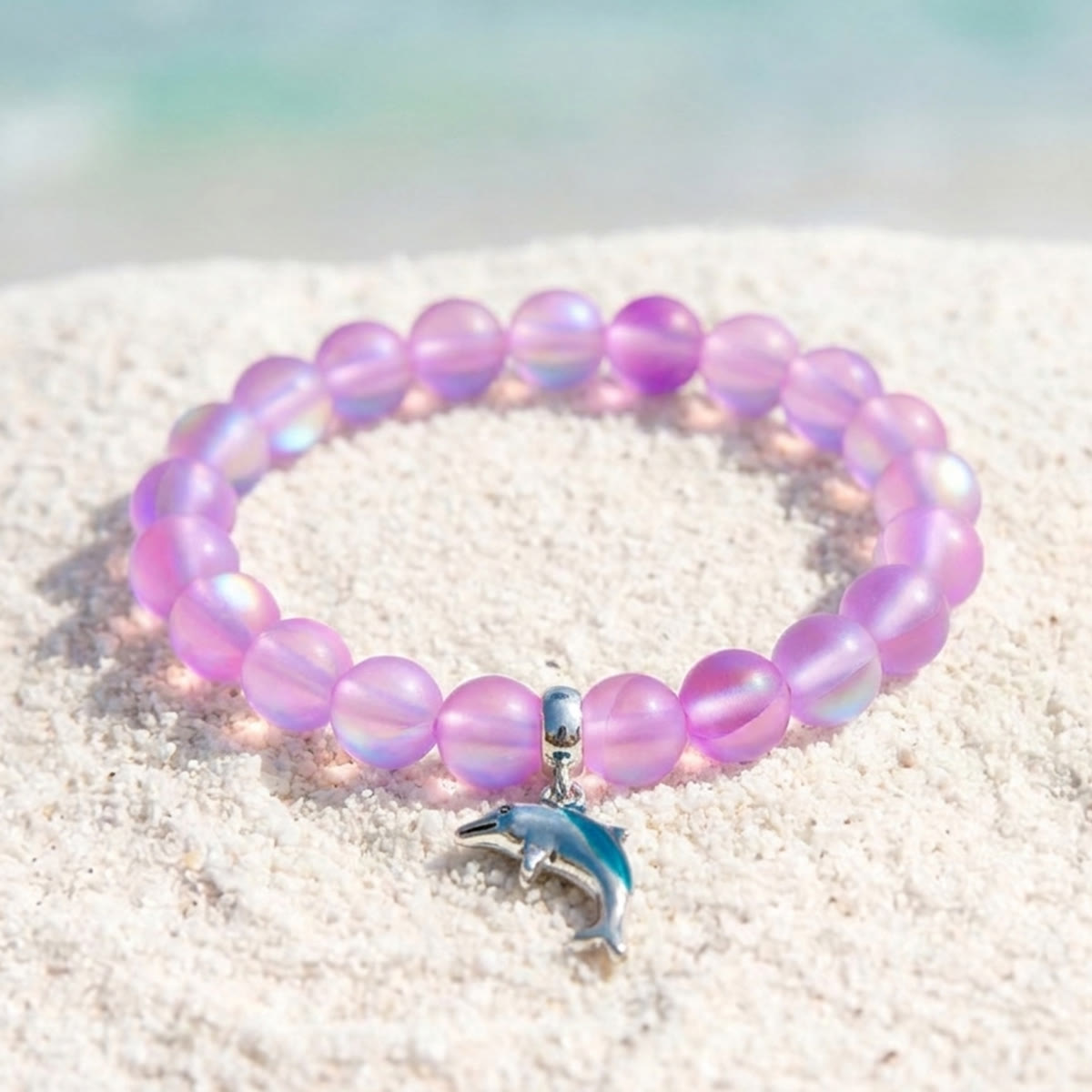 Protect The Ocean Marine Bracelet - Recycled 8mm Frosted Sea Glass Beads With Silver & Blue Dolphin - Pink - Approx. 6.93"/17.6cm - image 22