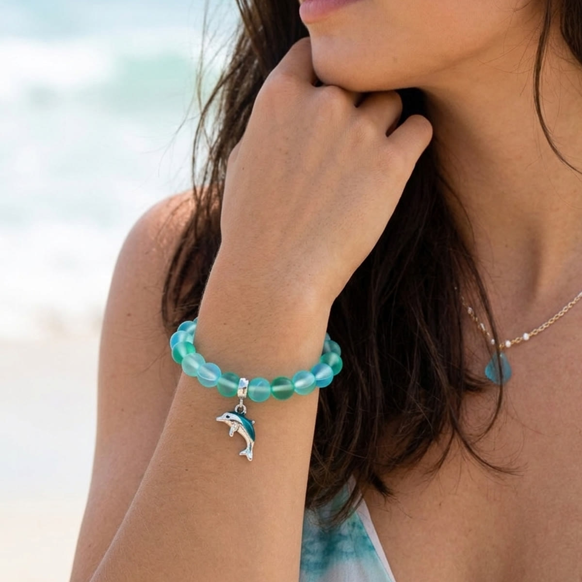 Protect The Ocean Marine Bracelet - Recycled 8mm Frosted Sea Glass Beads With Silver & Blue Dolphin - image 14