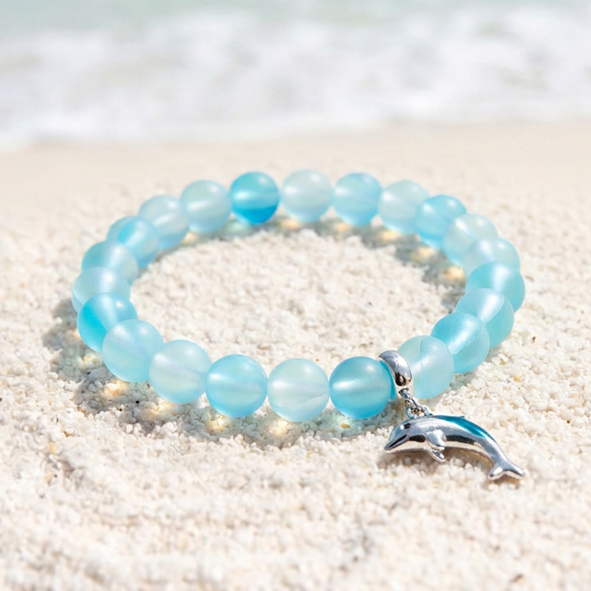 Protect The Ocean Marine Bracelet - Recycled 8mm Frosted Sea Glass Beads With Silver & Blue Dolphin - image 6