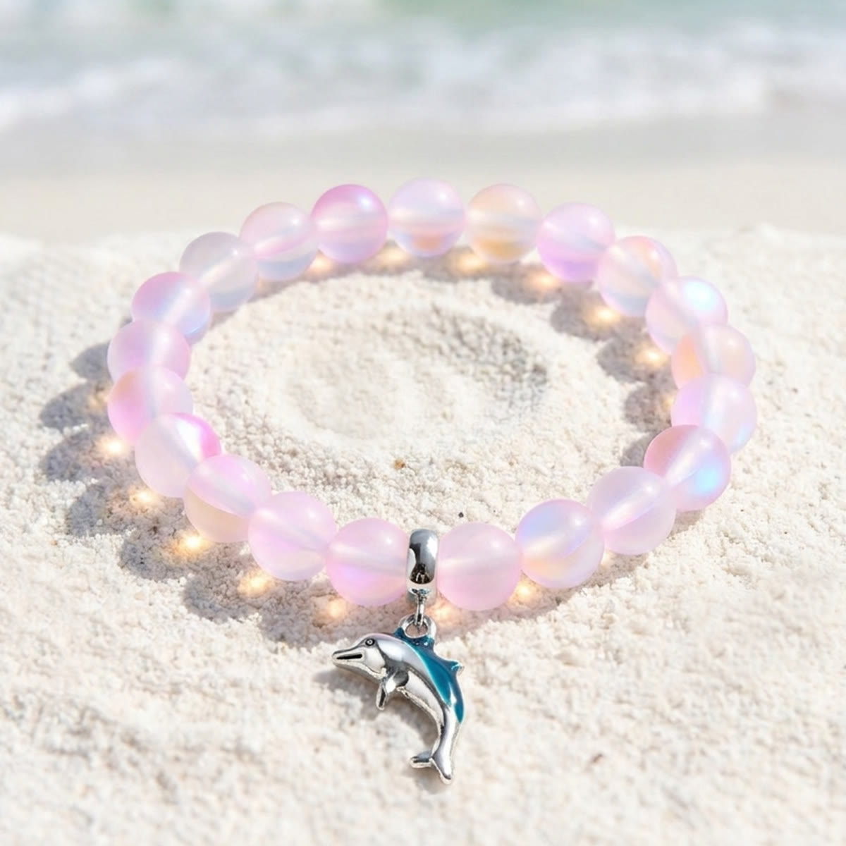 Protect The Ocean Marine Bracelet - Recycled 8mm Frosted Sea Glass Beads With Silver & Blue Dolphin - Light Pink - Approx. 6.93"/17.6cm - image 19