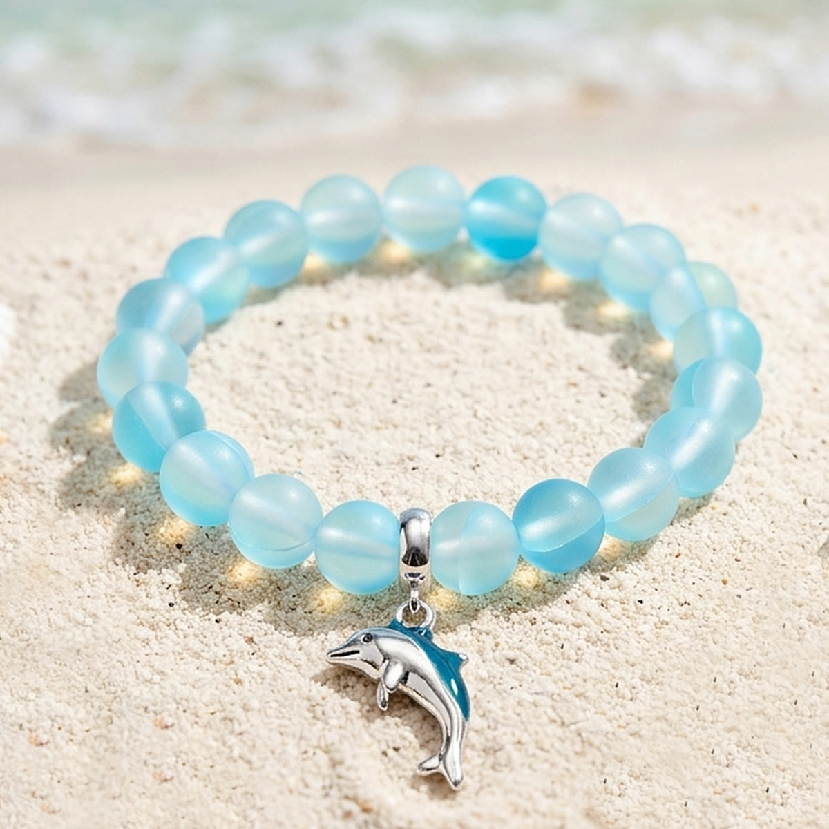 Protect The Ocean Marine Bracelet - Recycled 8mm Frosted Sea Glass Beads With Silver & Blue Dolphin - Light Blue - Approx. 6.93"/17.6cm - image 2