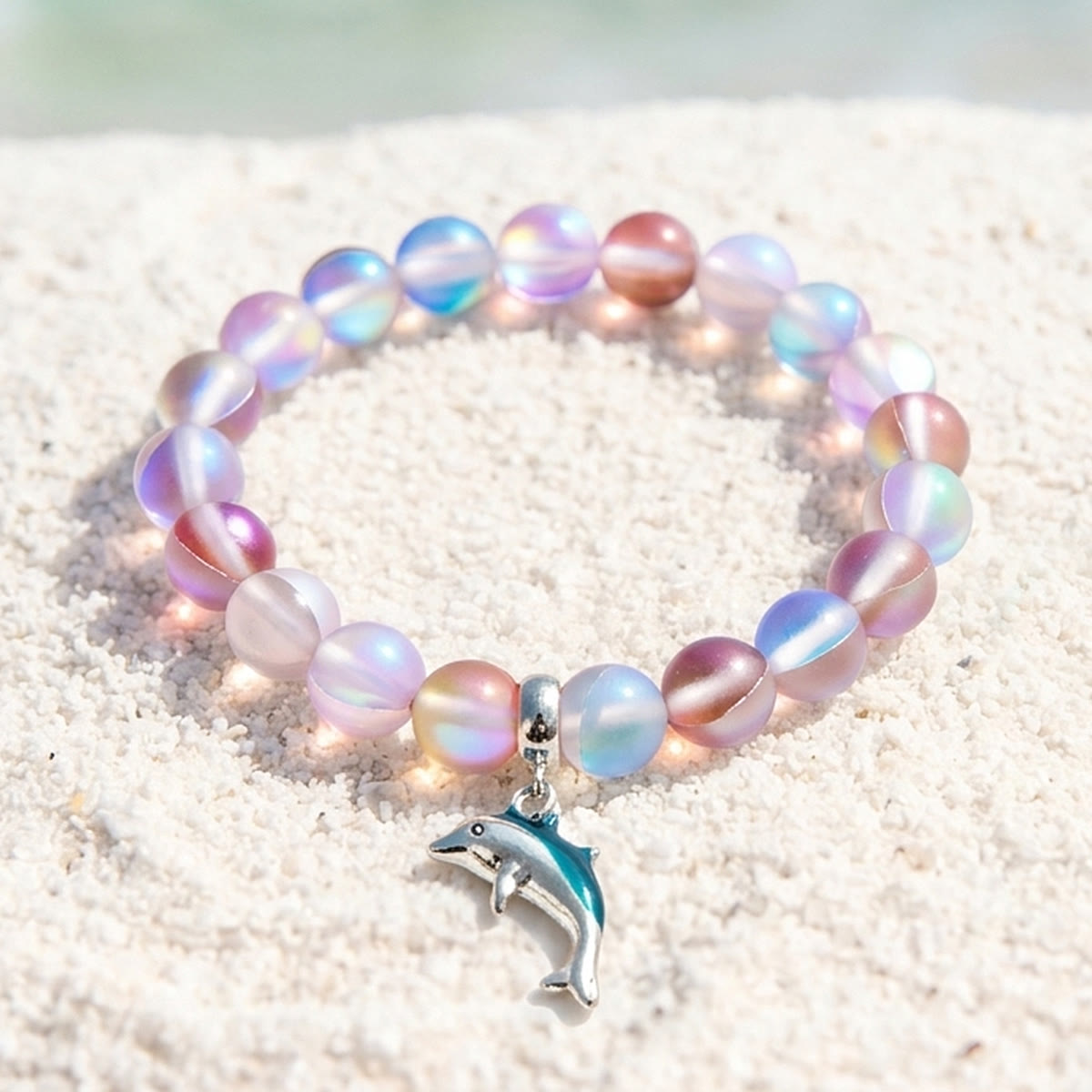 Protect The Ocean Marine Bracelet - Recycled 8mm Frosted Sea Glass Beads With Silver & Blue Dolphin - Red - Approx. 6.93"/17.6cm - image 25