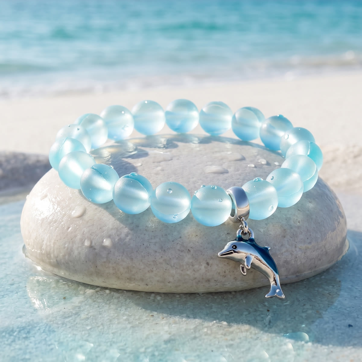 Protect The Ocean Marine Bracelet - Recycled 8mm Frosted Sea Glass Beads With Silver & Blue Dolphin - image 5