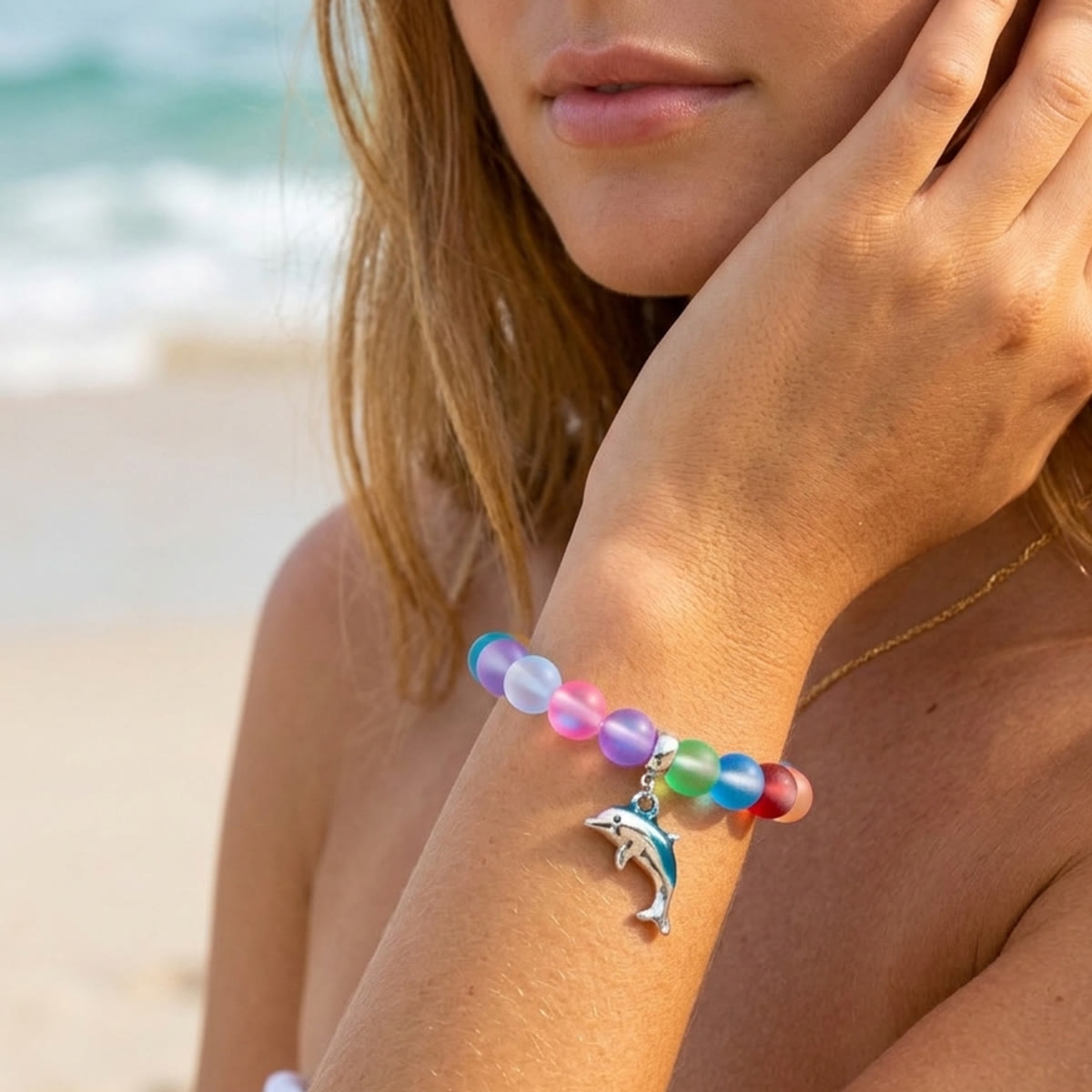 Protect The Ocean Marine Bracelet - Recycled 8mm Frosted Sea Glass Beads With Silver & Blue Dolphin - image 8