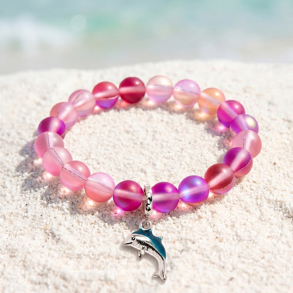 Protect The Ocean Marine Bracelet - Recycled 8mm Frosted Sea Glass Beads With Silver & Blue Dolphin - Rose Red - Approx. 6.93"/17.6cm - image 10