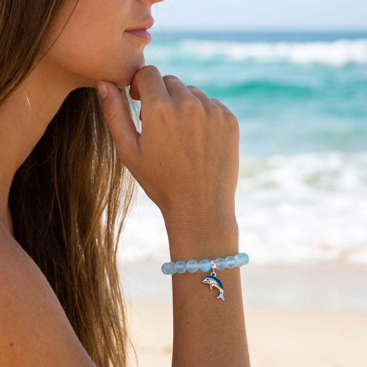 Protect The Ocean Marine Bracelet - Recycled 8mm Frosted Sea Glass Beads With Silver & Blue Dolphin - image 1