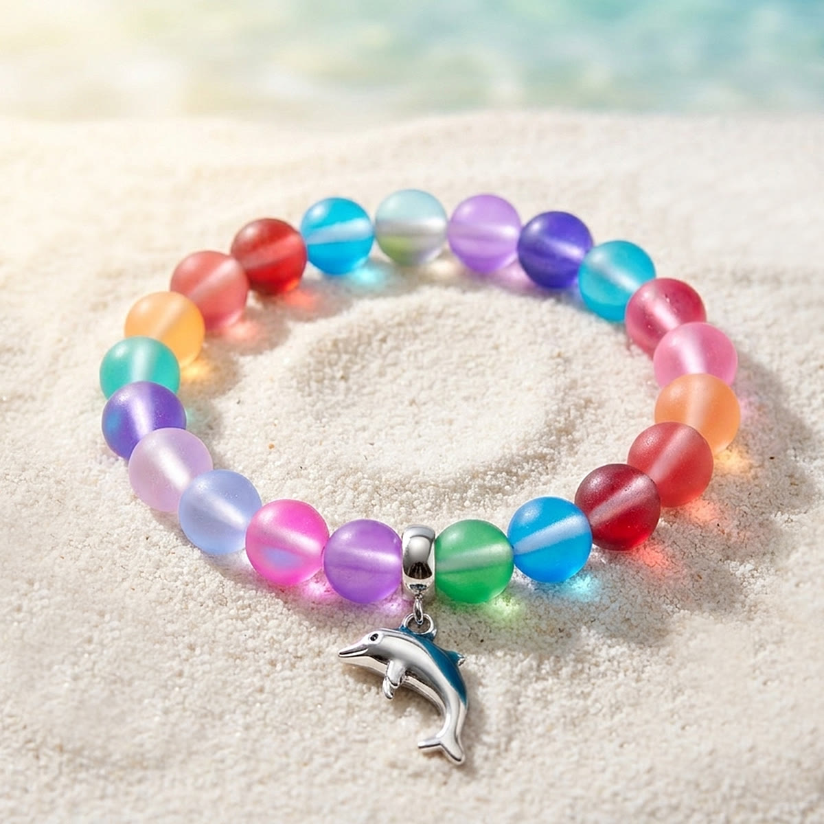 Protect The Ocean Marine Bracelet - Recycled 8mm Frosted Sea Glass Beads With Silver & Blue Dolphin - Rainbow - Approx. 6.93"/17.6cm - image 7
