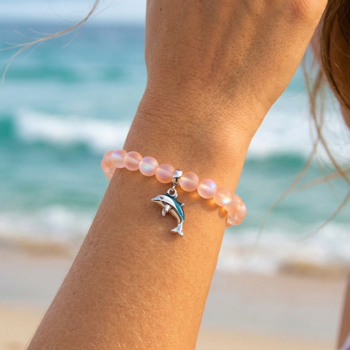 Protect The Ocean Marine Bracelet - Recycled 8mm Frosted Sea Glass Beads With Silver & Blue Dolphin - image 17