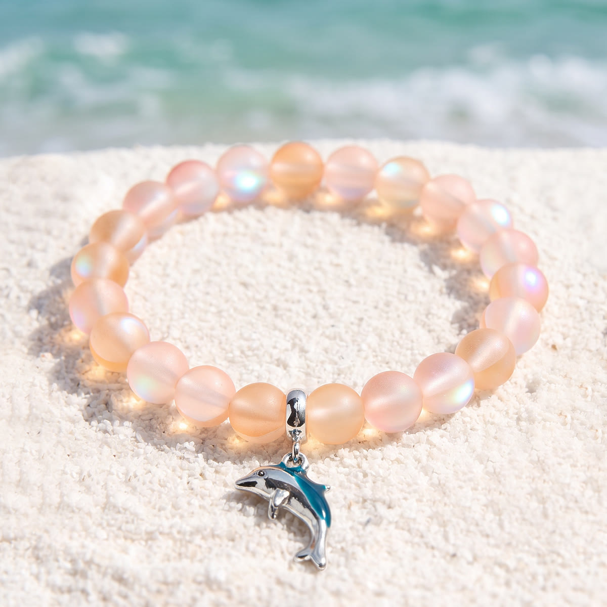 Protect The Ocean Marine Bracelet - Recycled 8mm Frosted Sea Glass Beads With Silver & Blue Dolphin - Yellow - Approx. 6.93"/17.6cm - image 16