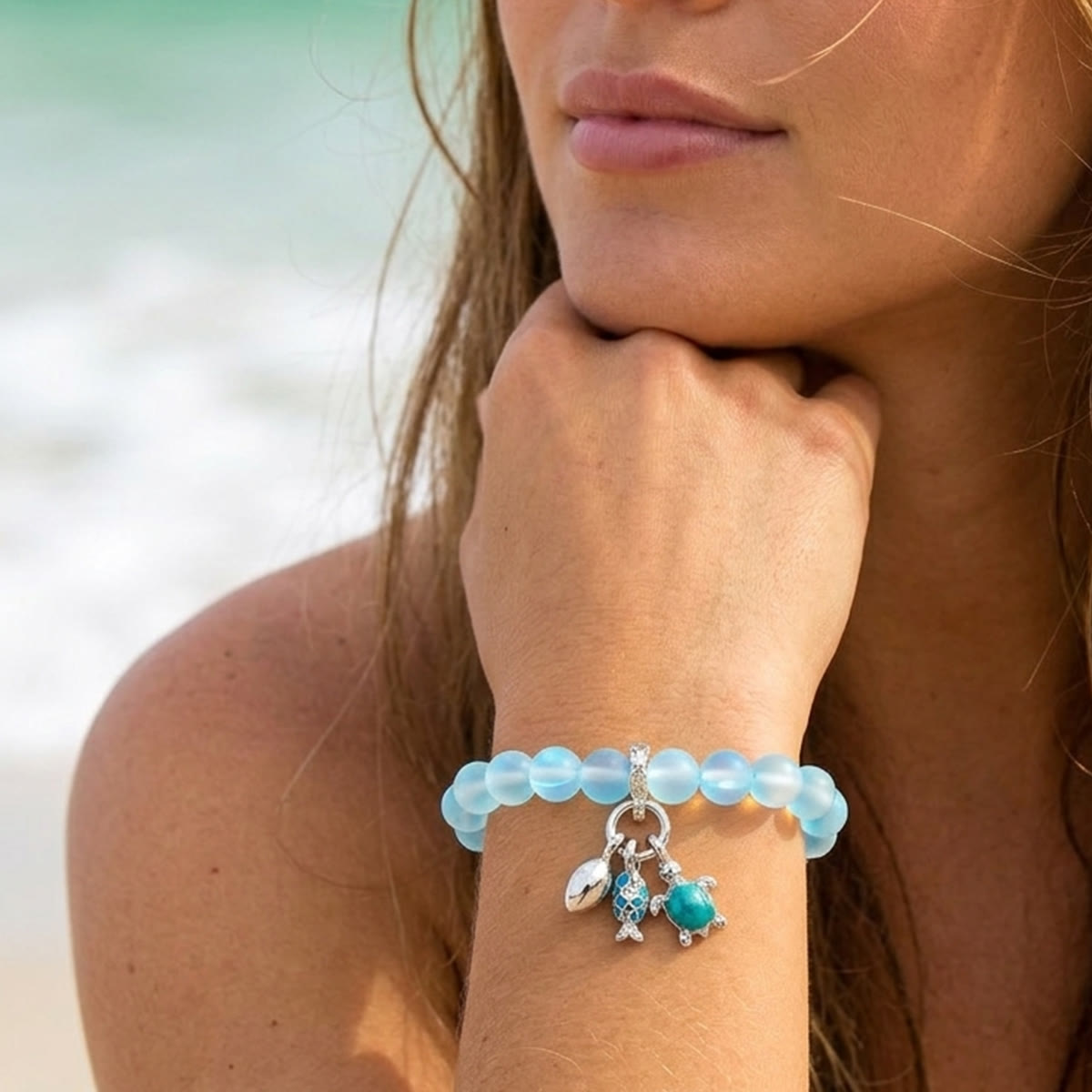 The Ocean Trio Charms Bracelet - Recycled 8mm Frosted Sea Glass Beads To Saves Marine Life - image 1