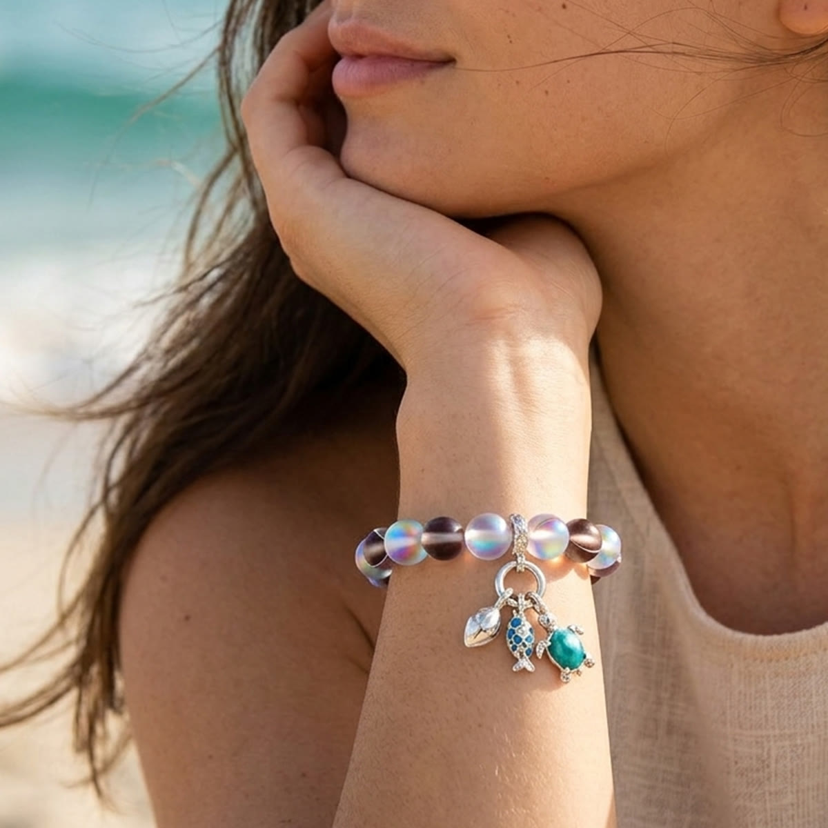 The Ocean Trio Charms Bracelet - Recycled 8mm Frosted Sea Glass Beads To Saves Marine Life - image 26