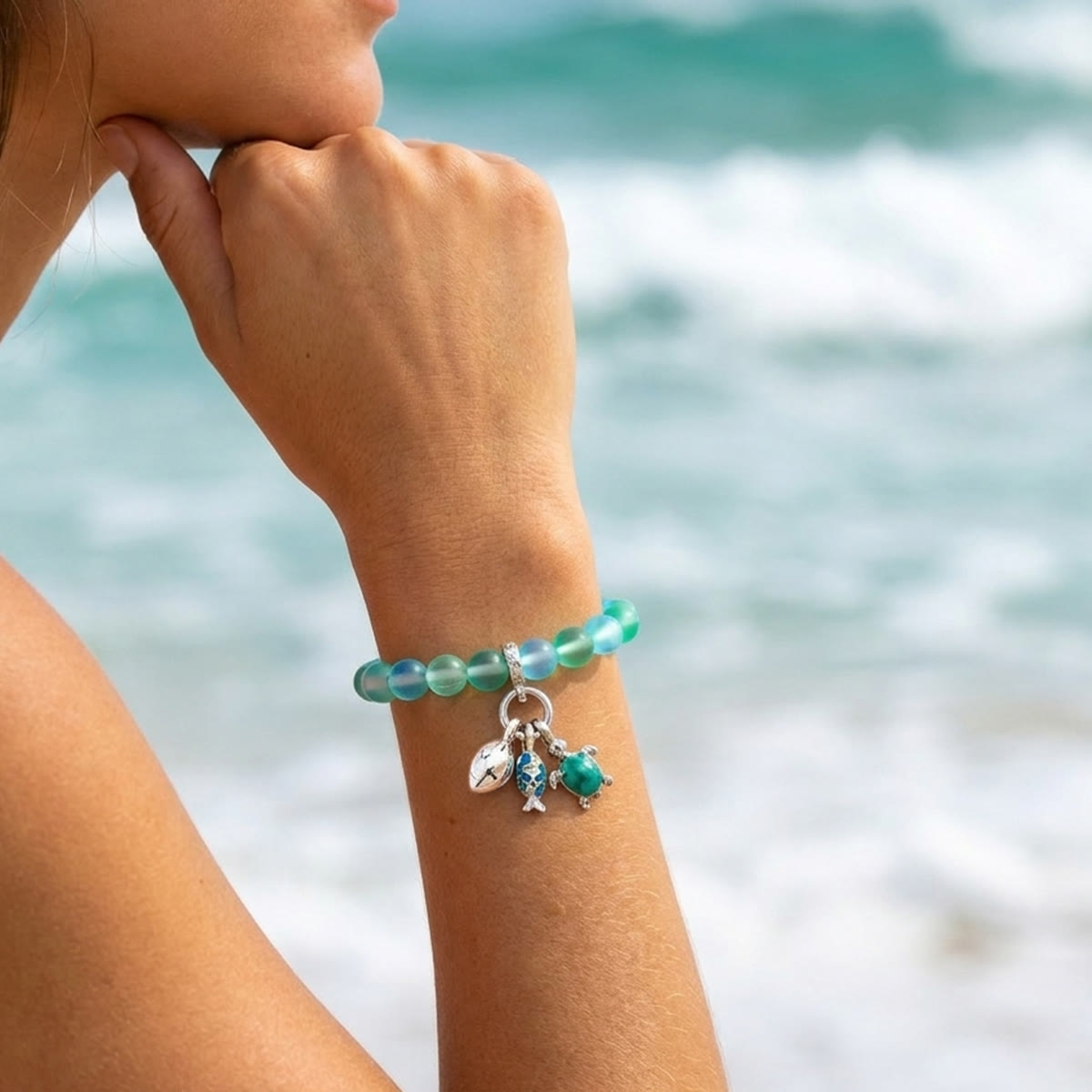 The Ocean Trio Charms Bracelet - Recycled 8mm Frosted Sea Glass Beads To Saves Marine Life - image 14