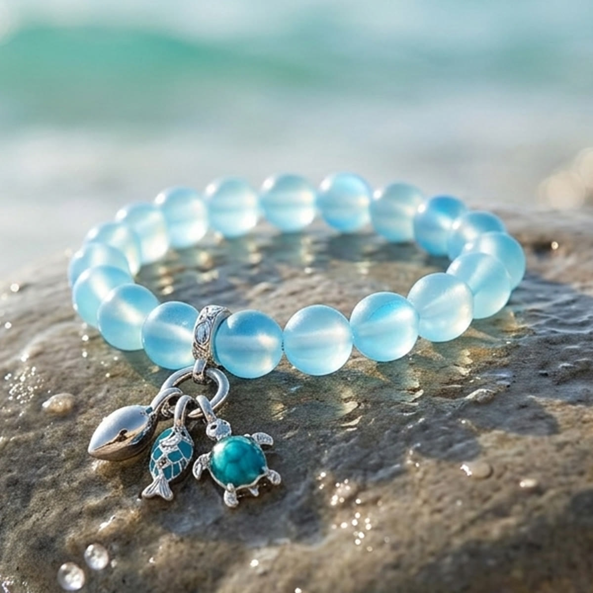 The Ocean Trio Charms Bracelet - Recycled 8mm Frosted Sea Glass Beads To Saves Marine Life - image 5