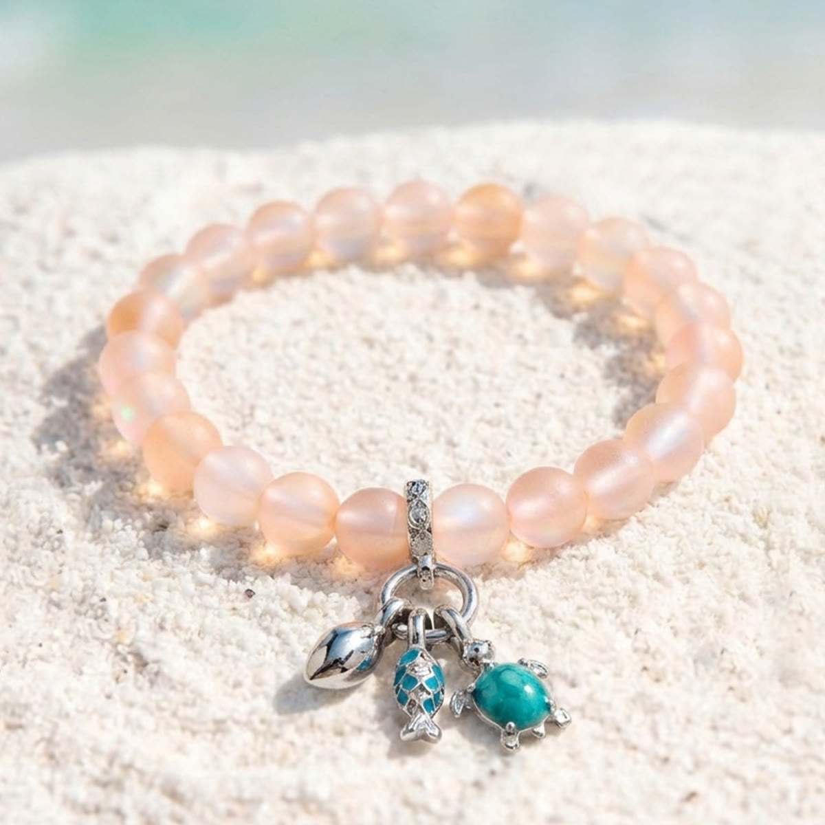 The Ocean Trio Charms Bracelet - Recycled 8mm Frosted Sea Glass Beads To Saves Marine Life - Yellow - Approx. 6.93"/17.6cm - image 16