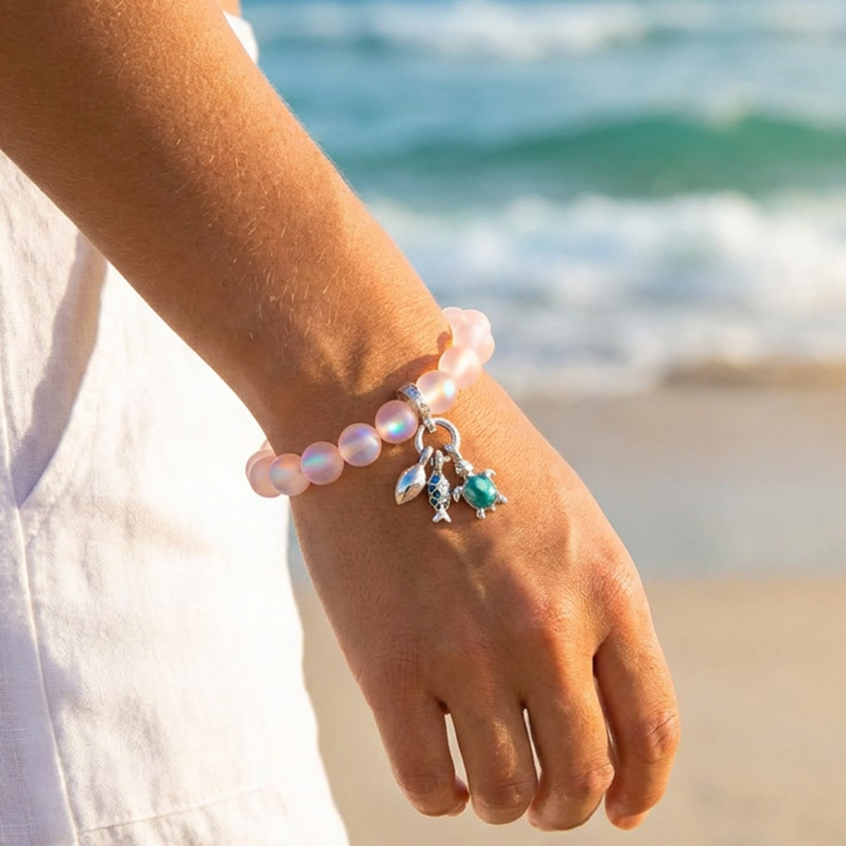 The Ocean Trio Charms Bracelet - Recycled 8mm Frosted Sea Glass Beads To Saves Marine Life - image 17