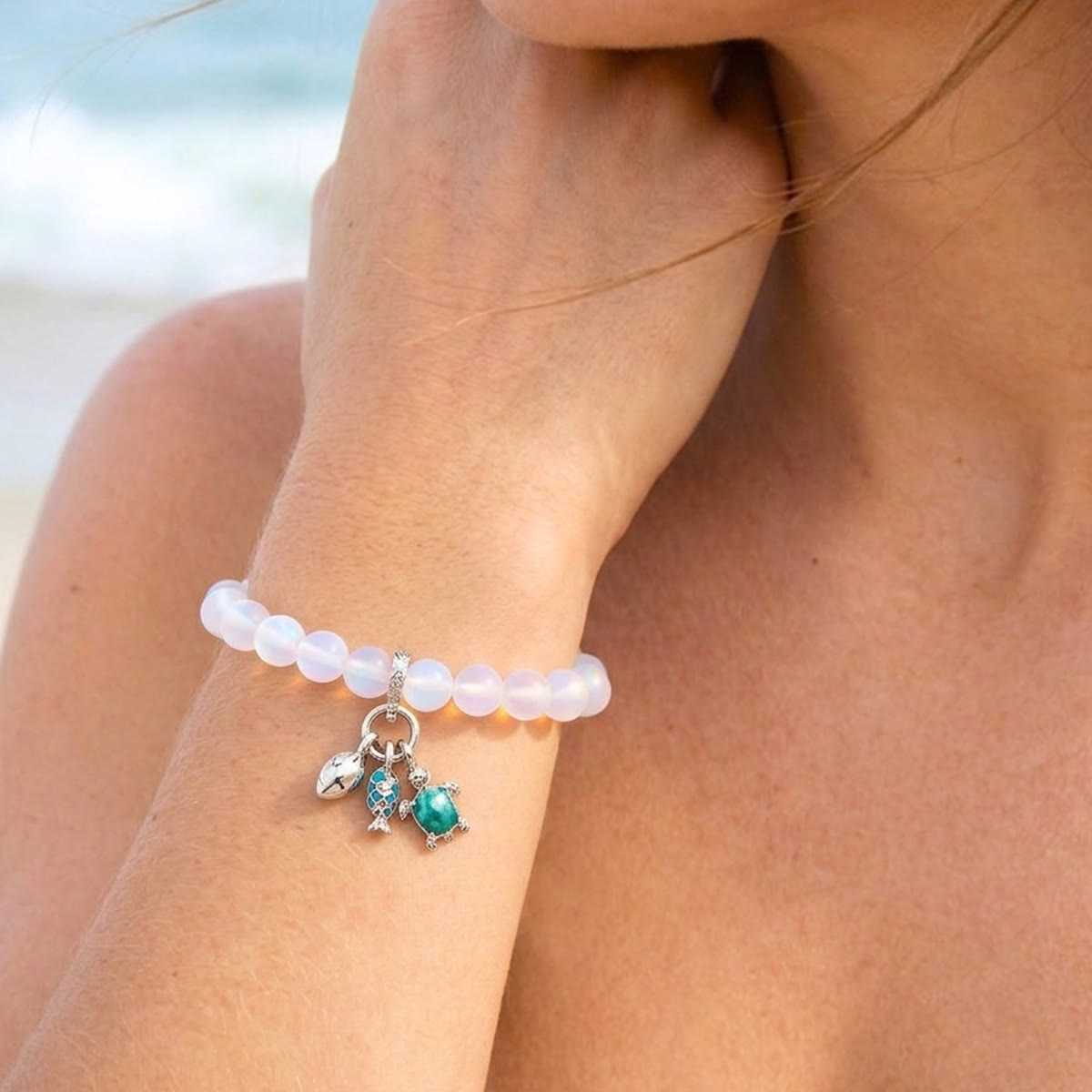 The Ocean Trio Charms Bracelet - Recycled 8mm Frosted Sea Glass Beads To Saves Marine Life - image 20