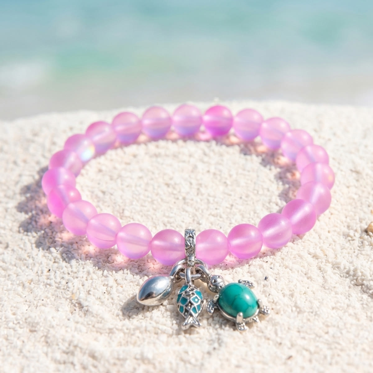 The Ocean Trio Charms Bracelet - Recycled 8mm Frosted Sea Glass Beads To Saves Marine Life - Pink - Approx. 6.93"/17.6cm - image 22