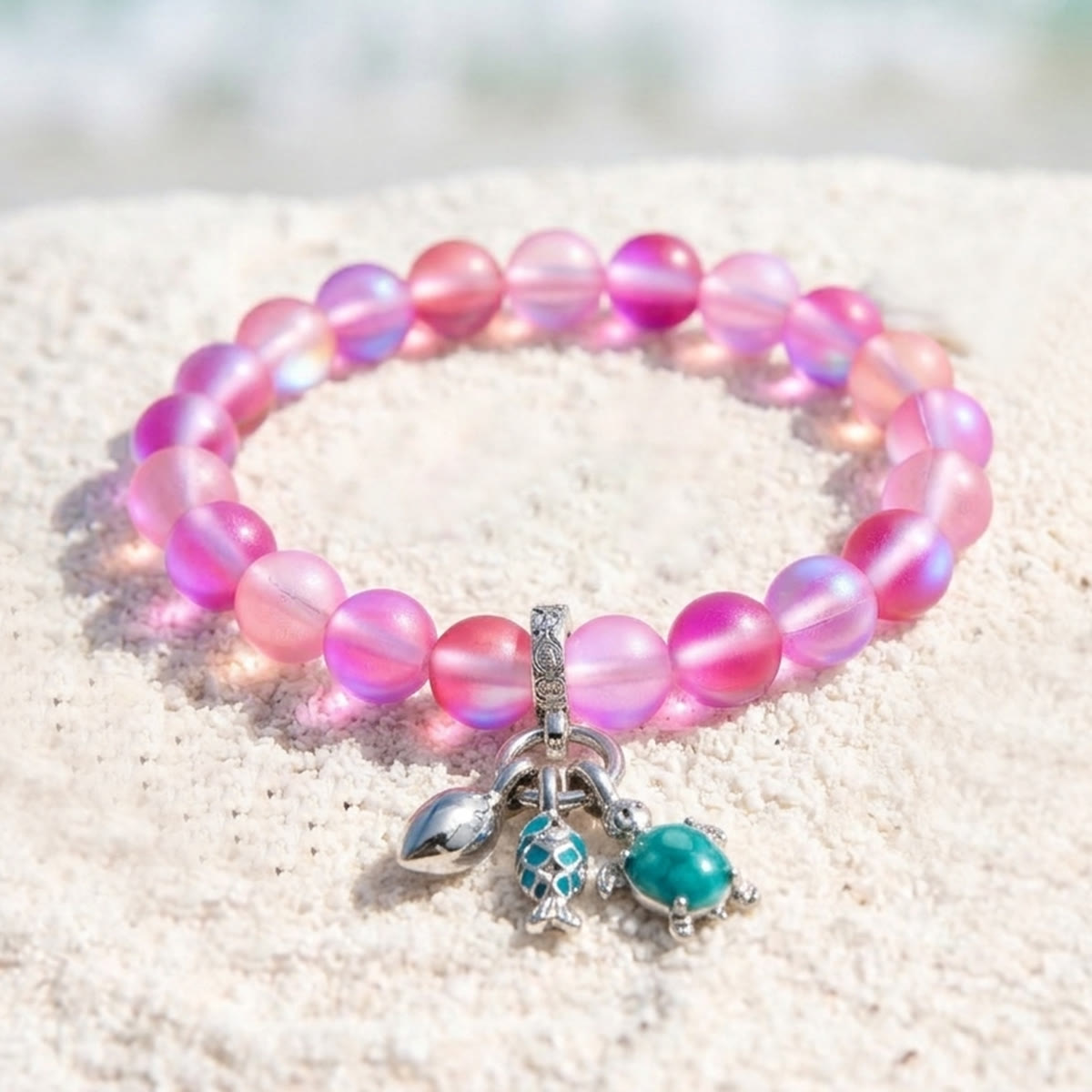 The Ocean Trio Charms Bracelet - Recycled 8mm Frosted Sea Glass Beads To Saves Marine Life - Rose Red - Approx. 6.93"/17.6cm - image 10