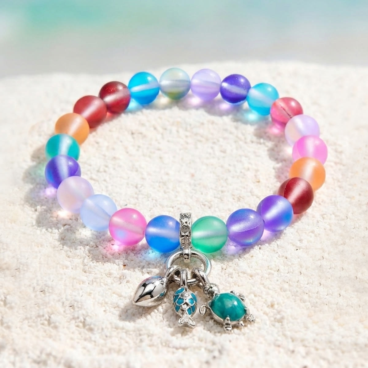 The Ocean Trio Charms Bracelet - Recycled 8mm Frosted Sea Glass Beads To Saves Marine Life - Rainbow - Approx. 6.93"/17.6cm - image 7
