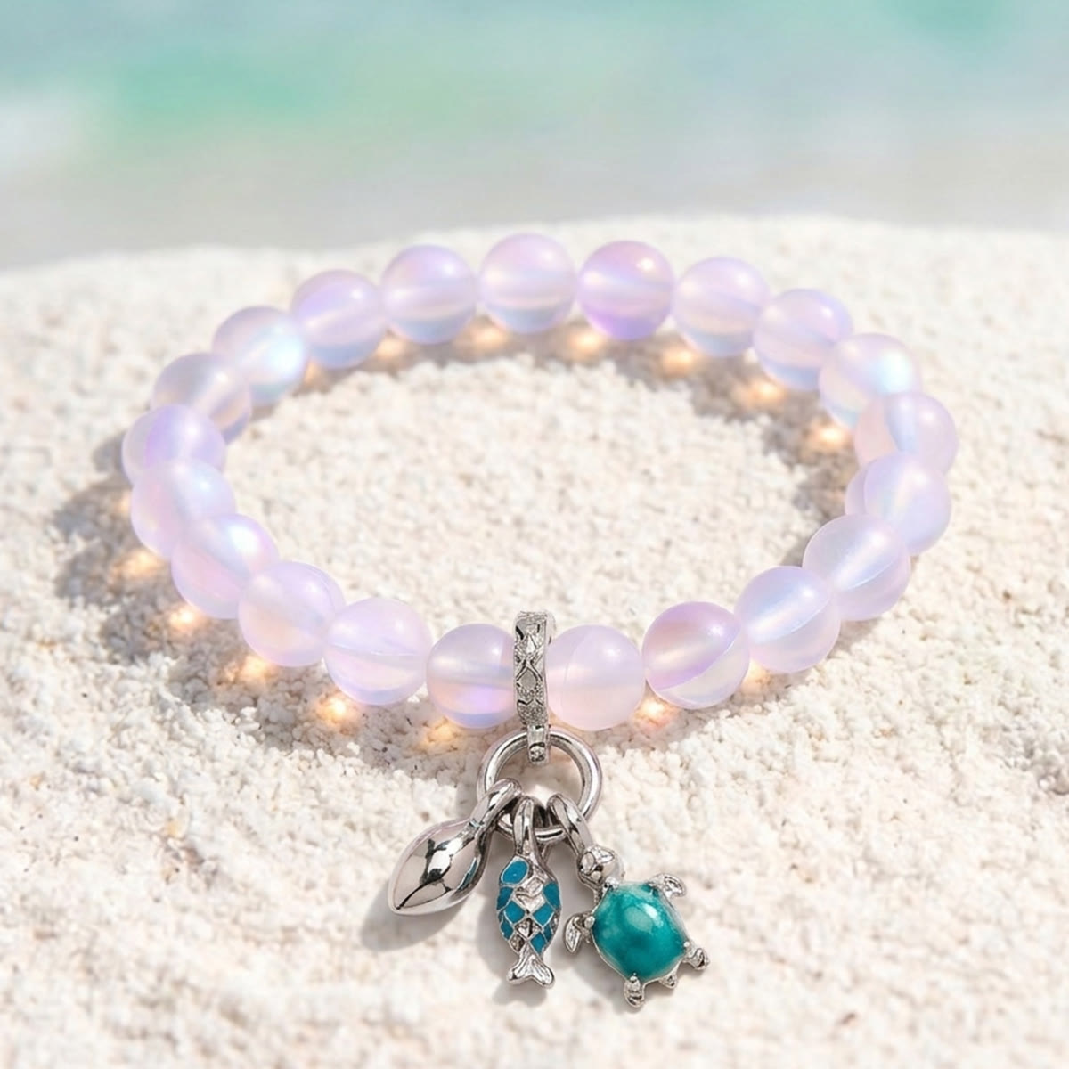 The Ocean Trio Charms Bracelet - Recycled 8mm Frosted Sea Glass Beads To Saves Marine Life - Light Pink - Approx. 6.93"/17.6cm - image 19