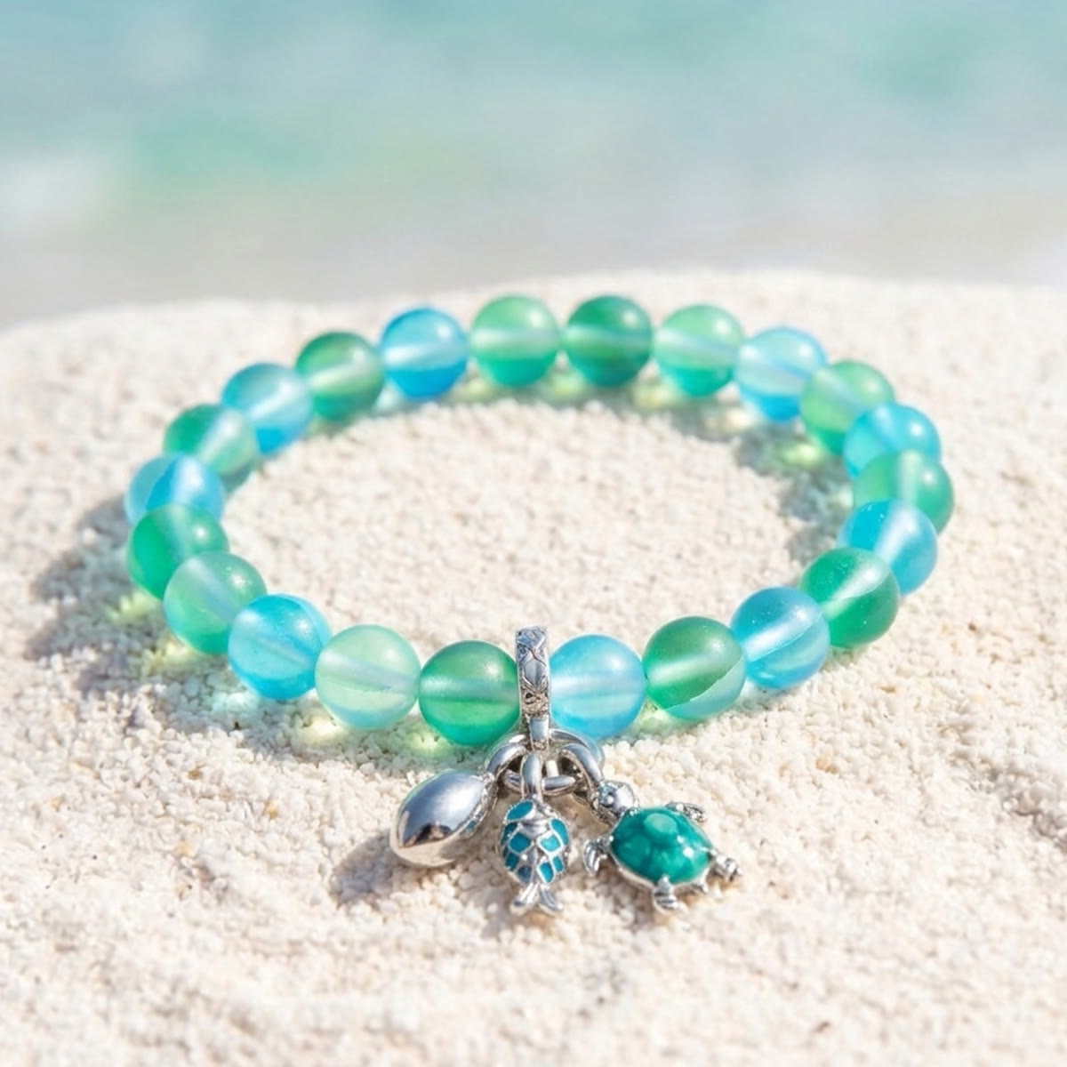 The Ocean Trio Charms Bracelet - Recycled 8mm Frosted Sea Glass Beads To Saves Marine Life - Green - Approx. 6.93"/17.6cm - image 13