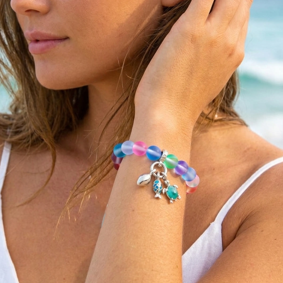 The Ocean Trio Charms Bracelet - Recycled 8mm Frosted Sea Glass Beads To Saves Marine Life - image 8