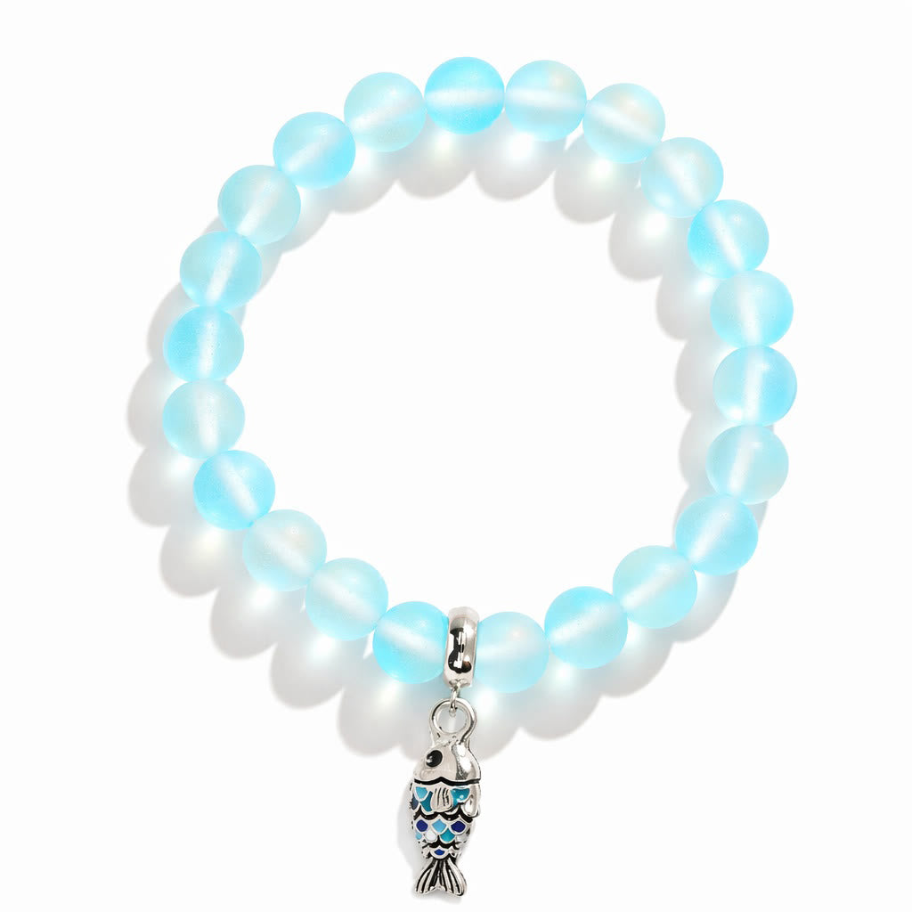 Supports Ocean Animal Rescue Bracelet - Recycled 8mm Frosted Sea Glass Beads With Blue Scaled Fish Charm - image 0