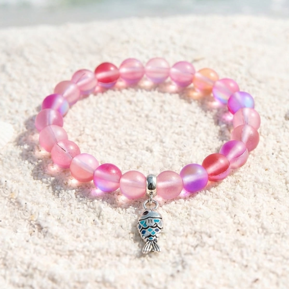 Supports Ocean Animal Rescue Bracelet - Recycled 8mm Frosted Sea Glass Beads With Blue Scaled Fish Charm - Rose Red - Approx. 6.93"/17.6cm - image 11
