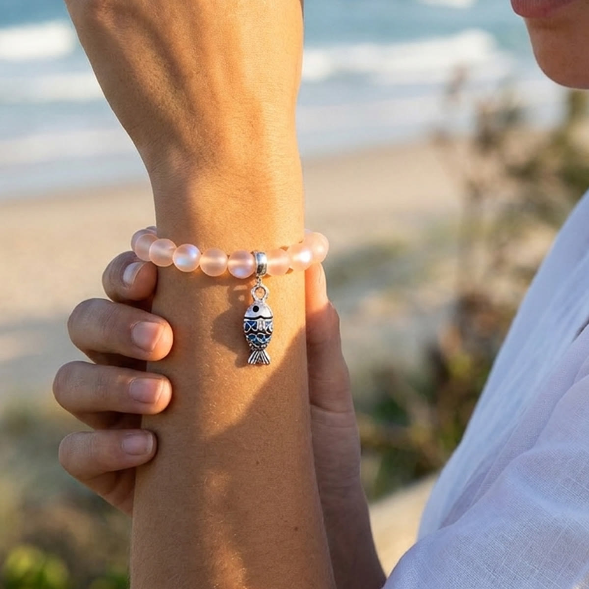 Supports Ocean Animal Rescue Bracelet - Recycled 8mm Frosted Sea Glass Beads With Blue Scaled Fish Charm - image 19