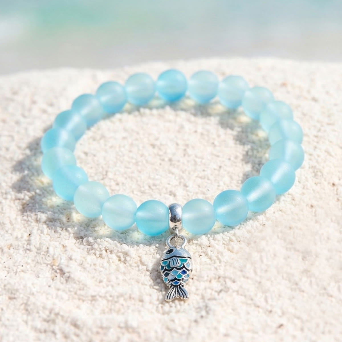 Supports Ocean Animal Rescue Bracelet - Recycled 8mm Frosted Sea Glass Beads With Blue Scaled Fish Charm - image 7