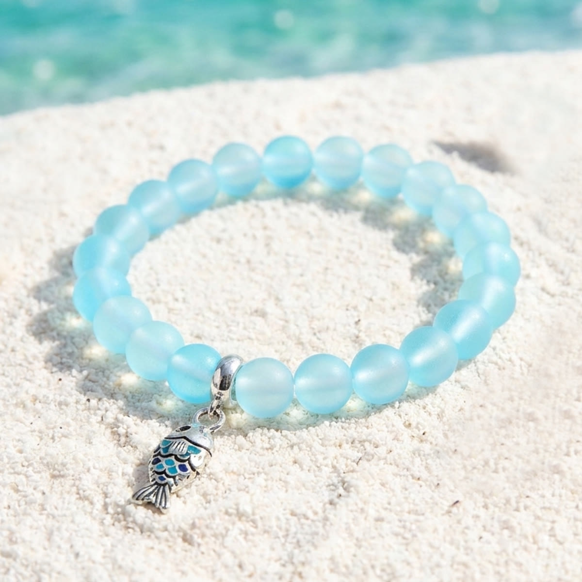 Supports Ocean Animal Rescue Bracelet - Recycled 8mm Frosted Sea Glass Beads With Blue Scaled Fish Charm - image 5