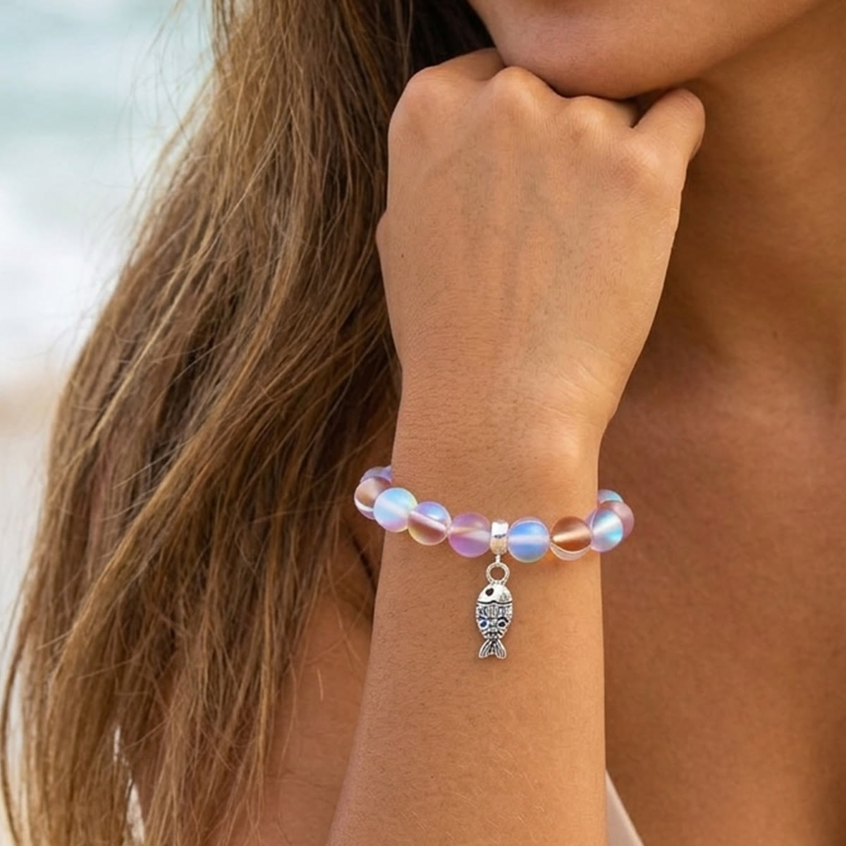 Supports Ocean Animal Rescue Bracelet - Recycled 8mm Frosted Sea Glass Beads With Blue Scaled Fish Charm - image 28