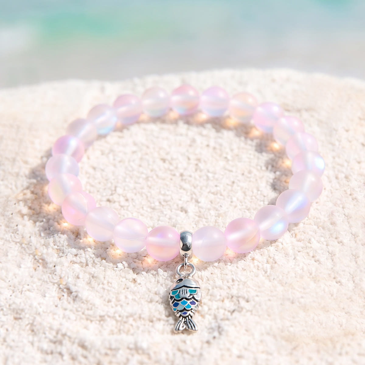 Supports Ocean Animal Rescue Bracelet - Recycled 8mm Frosted Sea Glass Beads With Blue Scaled Fish Charm - Light Pink - Approx. 6.93"/17.6cm - image 21
