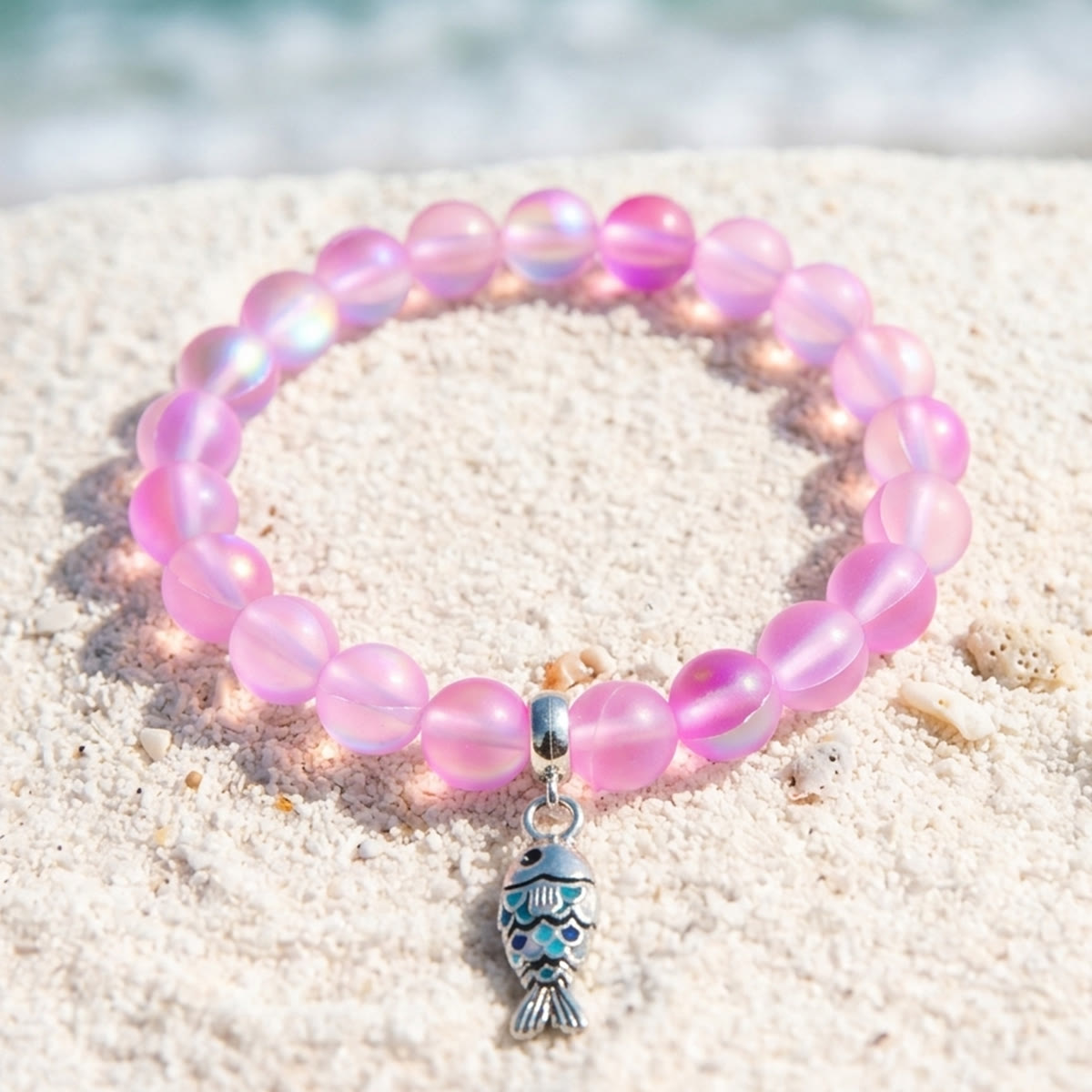 Supports Ocean Animal Rescue Bracelet - Recycled 8mm Frosted Sea Glass Beads With Blue Scaled Fish Charm - Pink - Approx. 6.93"/17.6cm - image 24