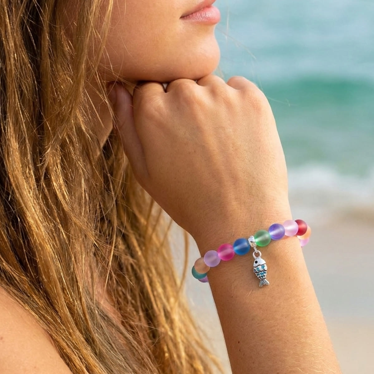 Supports Ocean Animal Rescue Bracelet - Recycled 8mm Frosted Sea Glass Beads With Blue Scaled Fish Charm - image 9