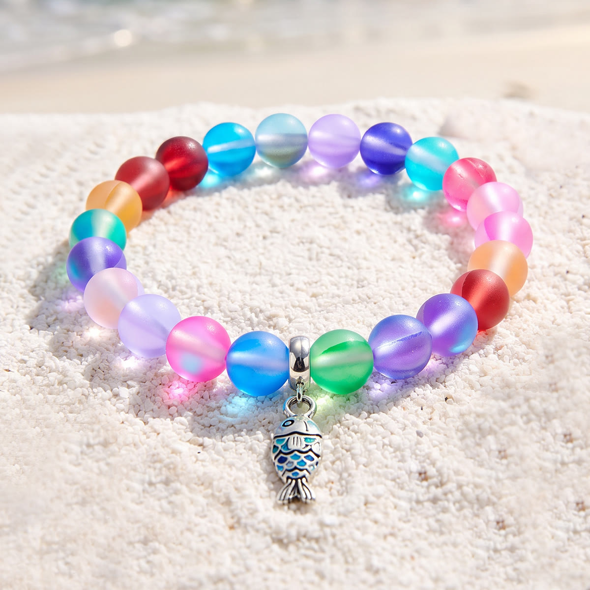 Supports Ocean Animal Rescue Bracelet - Recycled 8mm Frosted Sea Glass Beads With Blue Scaled Fish Charm - Rainbow - Approx. 6.93"/17.6cm - image 8