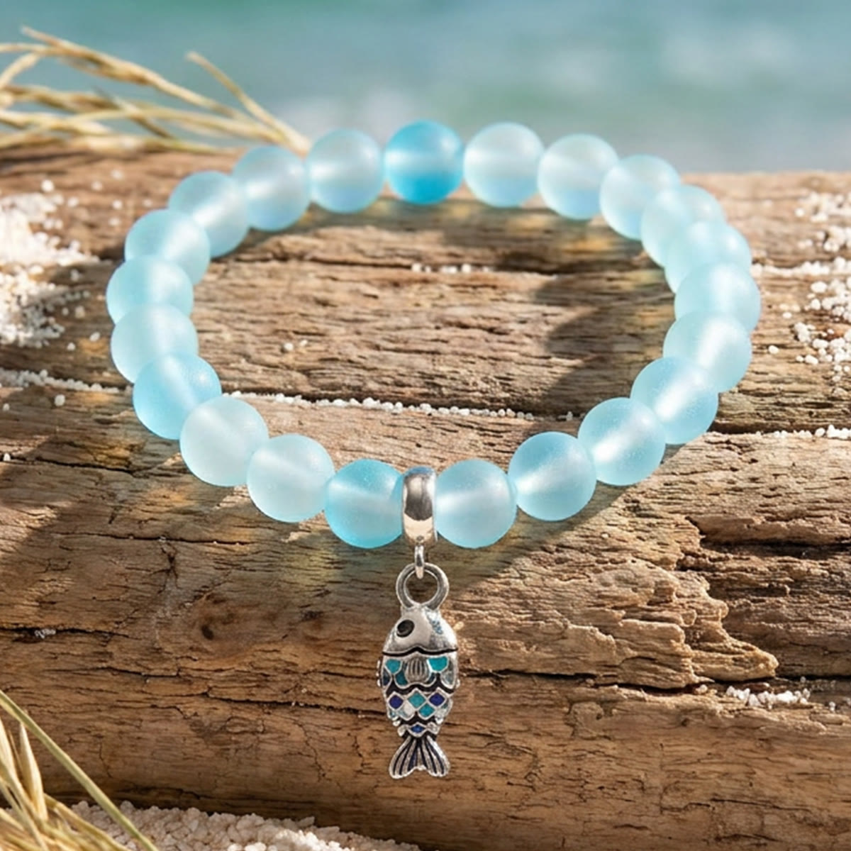 Supports Ocean Animal Rescue Bracelet - Recycled 8mm Frosted Sea Glass Beads With Blue Scaled Fish Charm - image 6