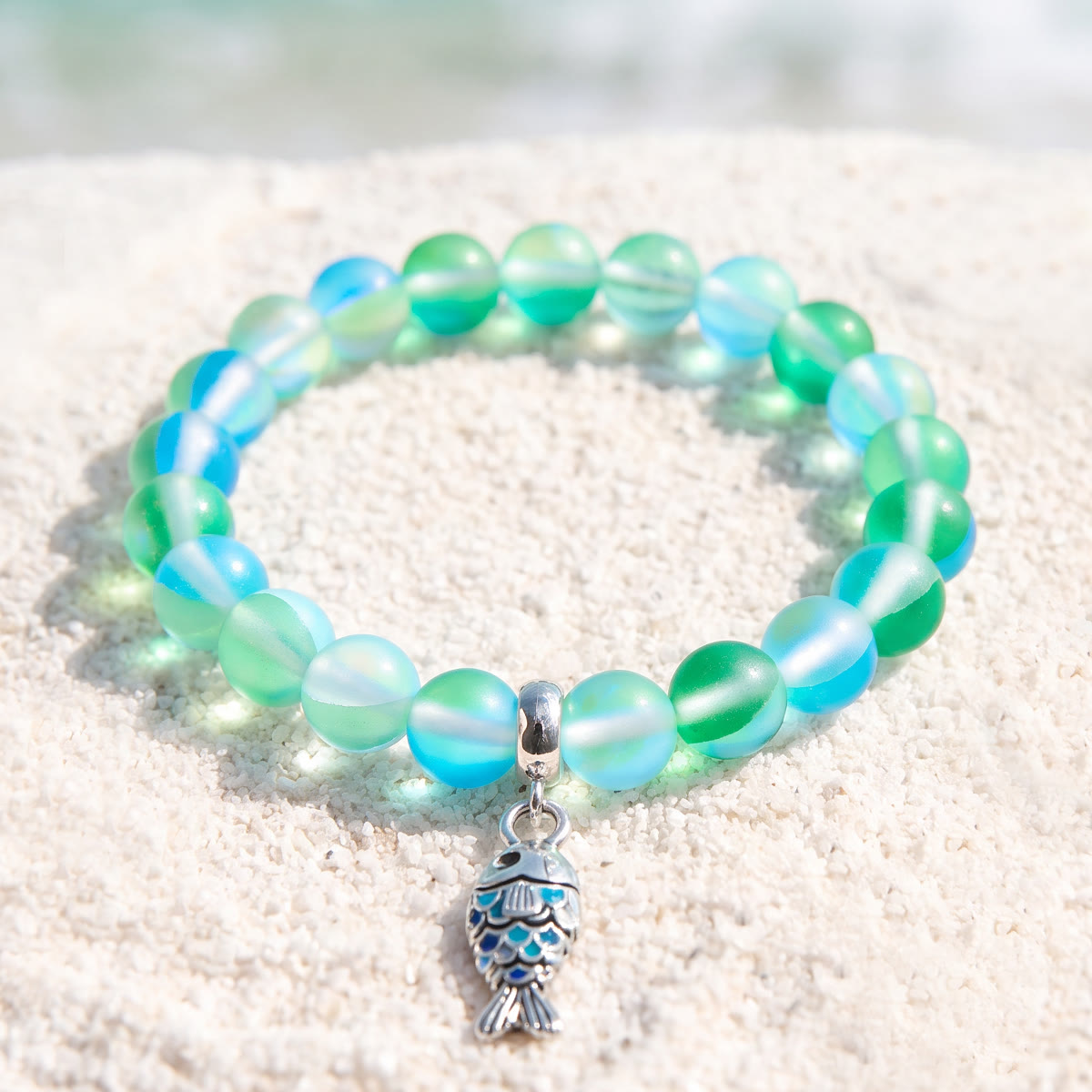 Supports Ocean Animal Rescue Bracelet - Recycled 8mm Frosted Sea Glass Beads With Blue Scaled Fish Charm - Green - Approx. 6.93"/17.6cm - image 14