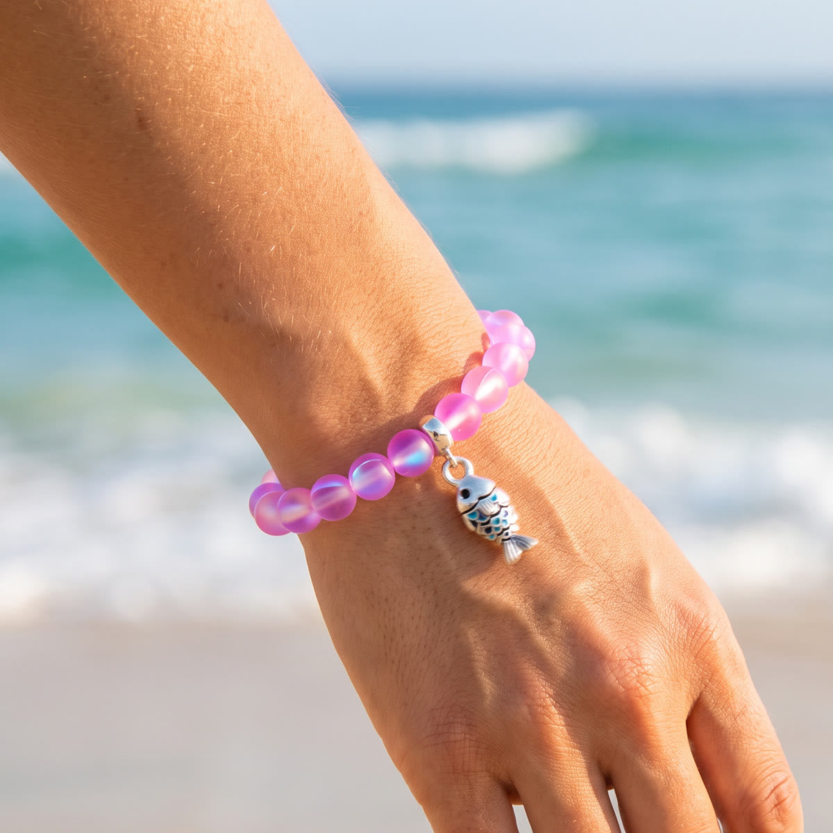 Supports Ocean Animal Rescue Bracelet - Recycled 8mm Frosted Sea Glass Beads With Blue Scaled Fish Charm - image 26