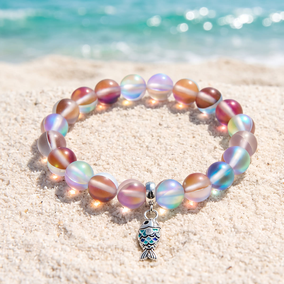 Supports Ocean Animal Rescue Bracelet - Recycled 8mm Frosted Sea Glass Beads With Blue Scaled Fish Charm - Red - Approx. 6.93"/17.6cm - image 27