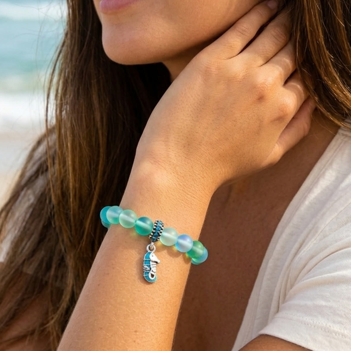 Help Save Seahorses Life Bracelet - Recycled 8mm Frosted Sea Glass Beads With Seahorse Charm - image 14