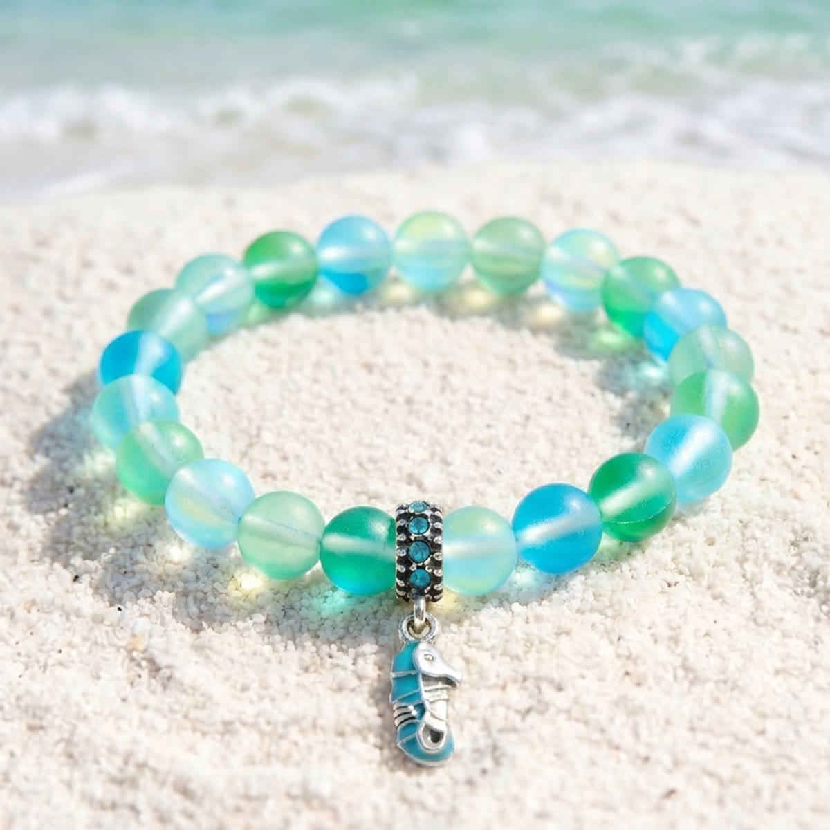 Help Save Seahorses Life Bracelet - Recycled 8mm Frosted Sea Glass Beads With Seahorse Charm - Green - Approx. 6.93"/17.6cm - image 13