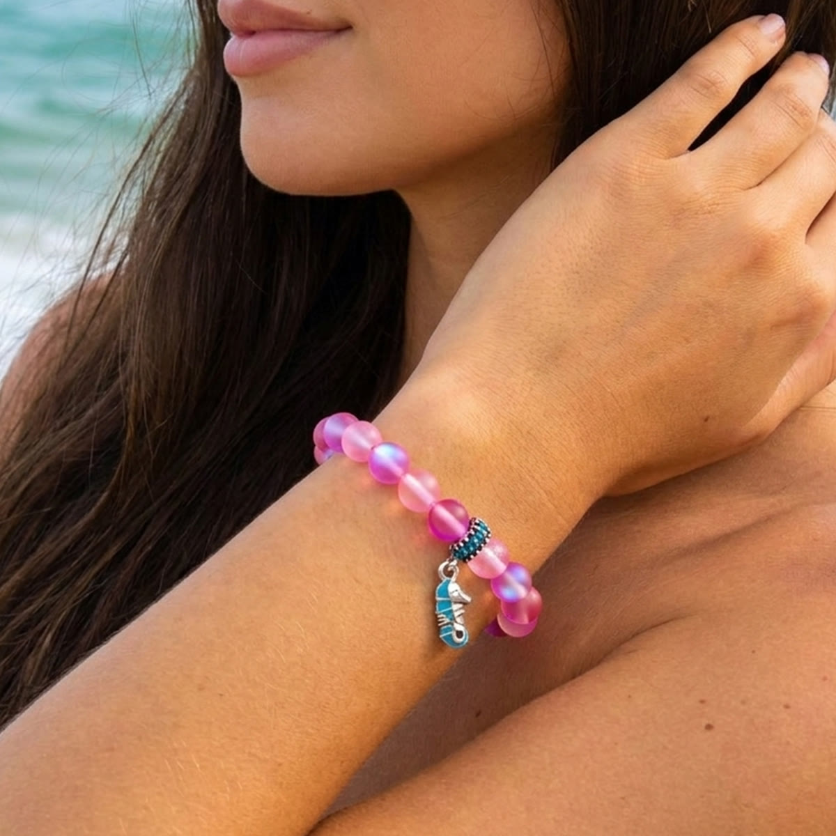 Help Save Seahorses Life Bracelet - Recycled 8mm Frosted Sea Glass Beads With Seahorse Charm - image 11