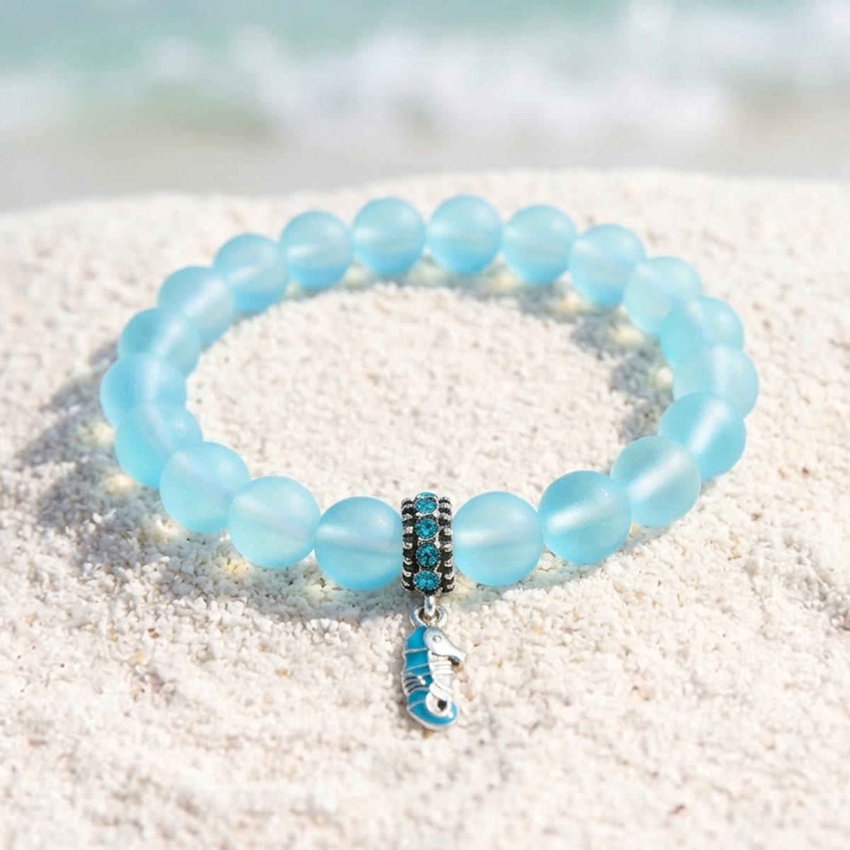 Help Save Seahorses Life Bracelet - Recycled 8mm Frosted Sea Glass Beads With Seahorse Charm - Light Blue - Approx. 6.93"/17.6cm - image 2