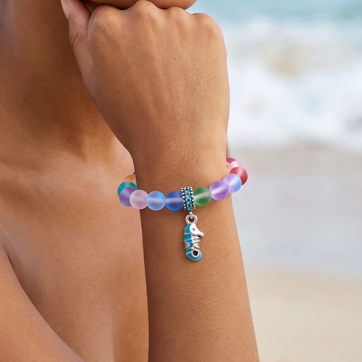 Help Save Seahorses Life Bracelet - Recycled 8mm Frosted Sea Glass Beads With Seahorse Charm - image 8