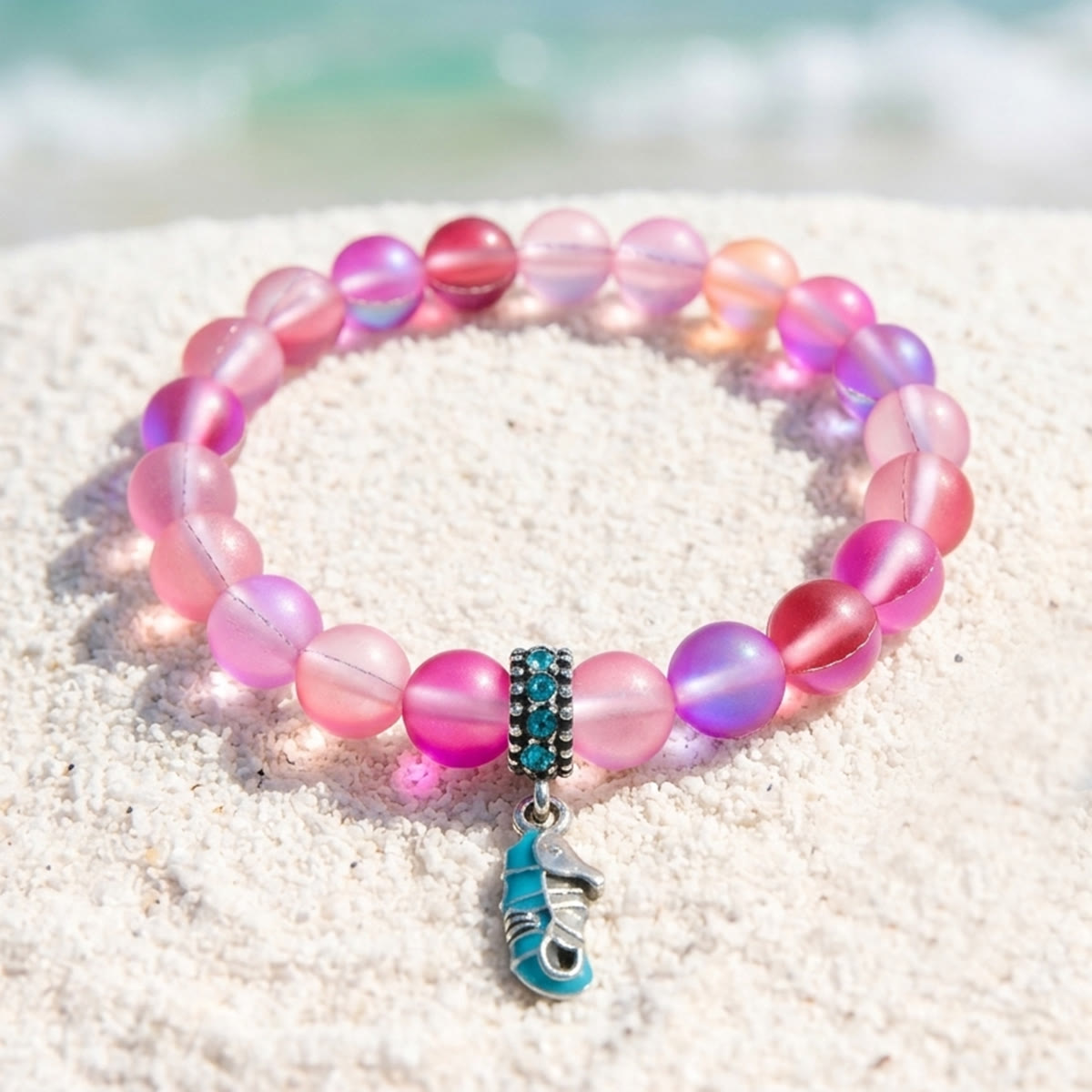 Help Save Seahorses Life Bracelet - Recycled 8mm Frosted Sea Glass Beads With Seahorse Charm - Rose Red - Approx. 6.93"/17.6cm - image 10