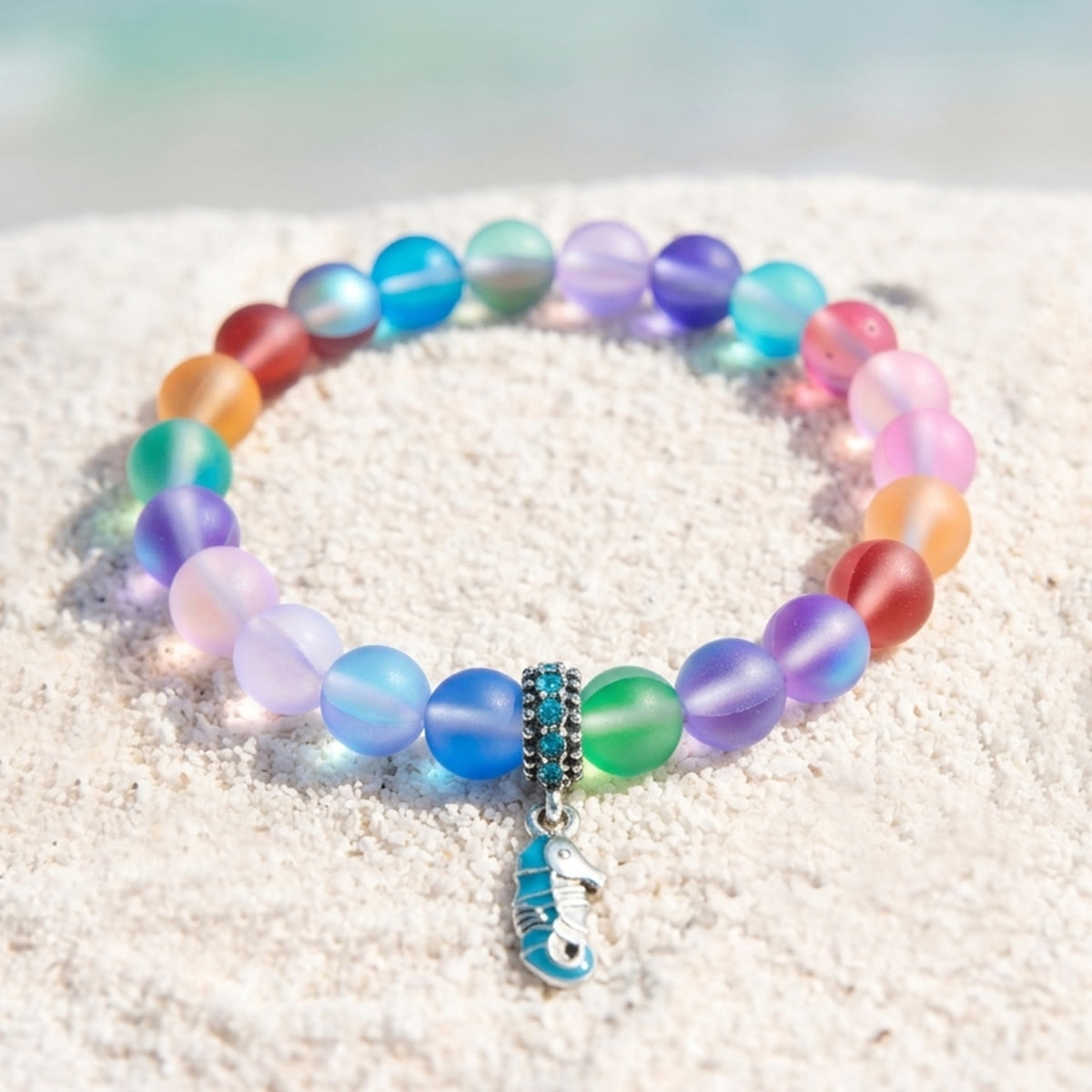 Help Save Seahorses Life Bracelet - Recycled 8mm Frosted Sea Glass Beads With Seahorse Charm - Rainbow - Approx. 6.93"/17.6cm - image 7