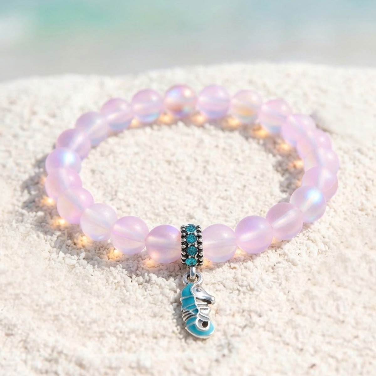 Help Save Seahorses Life Bracelet - Recycled 8mm Frosted Sea Glass Beads With Seahorse Charm - Light Pink - Approx. 6.93"/17.6cm - image 19