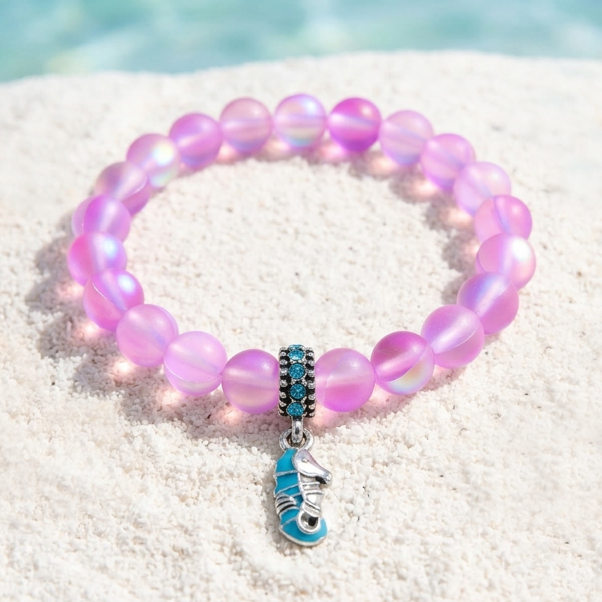 Help Save Seahorses Life Bracelet - Recycled 8mm Frosted Sea Glass Beads With Seahorse Charm - Pink - Approx. 6.93"/17.6cm - image 22