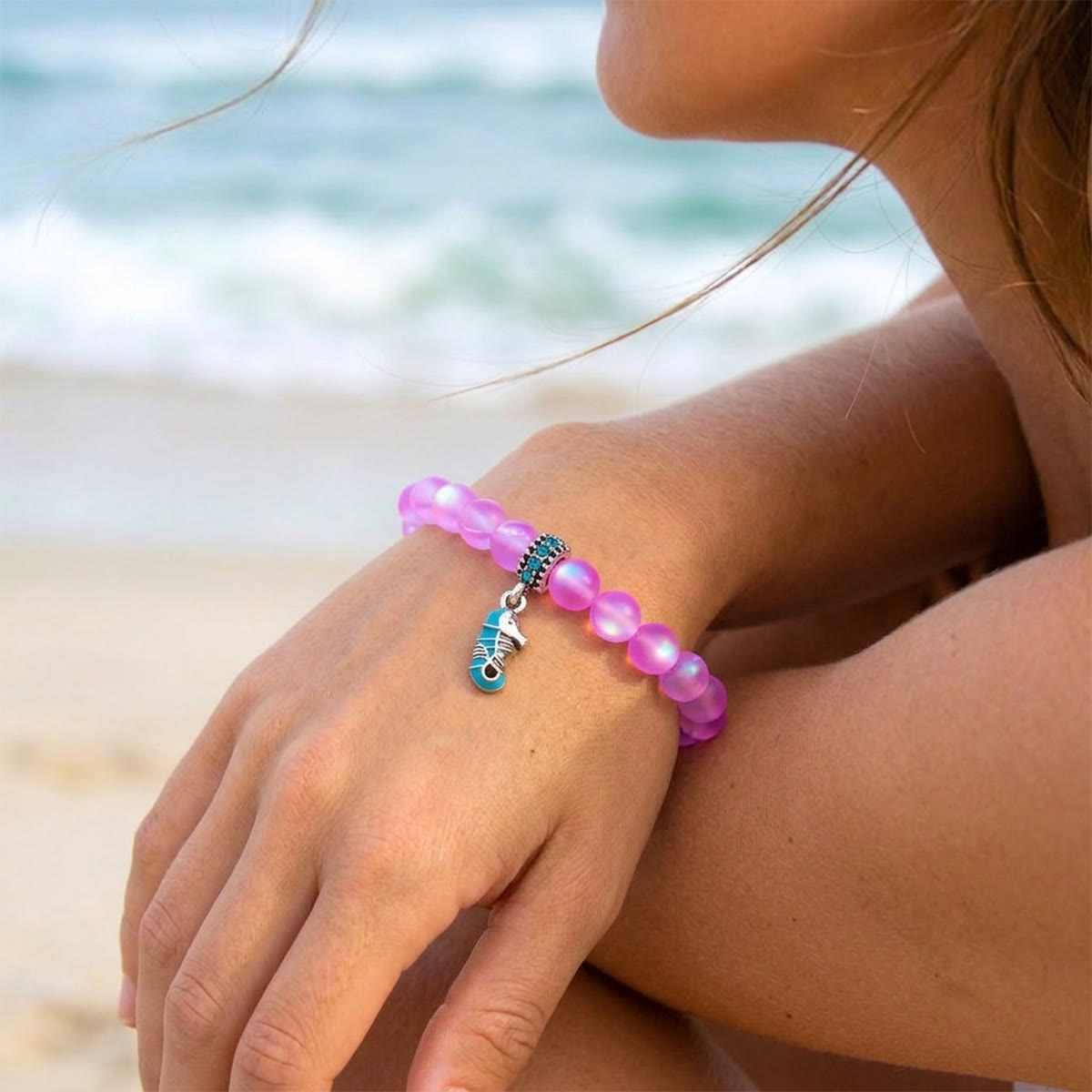 Help Save Seahorses Life Bracelet - Recycled 8mm Frosted Sea Glass Beads With Seahorse Charm - image 23